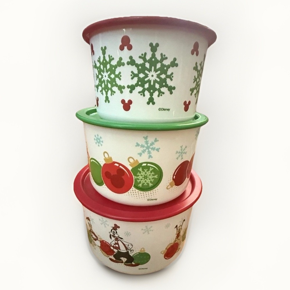 VTG Disney Tupperware Christmas Canister Set 3 Snap-On Lids Mickey Goofy Donald